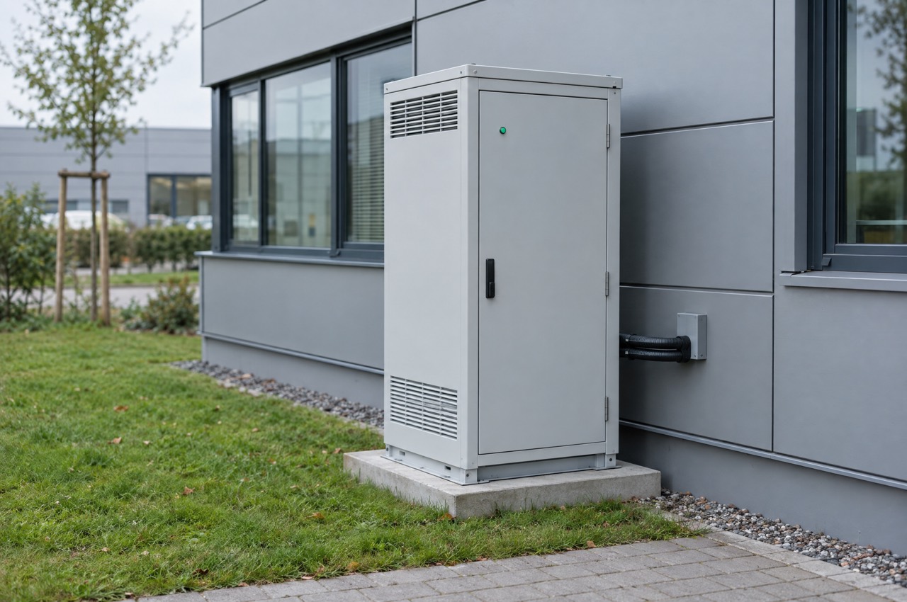 Ein kompakter Batteriespeicher an der Fassade eines Firmengebäudes